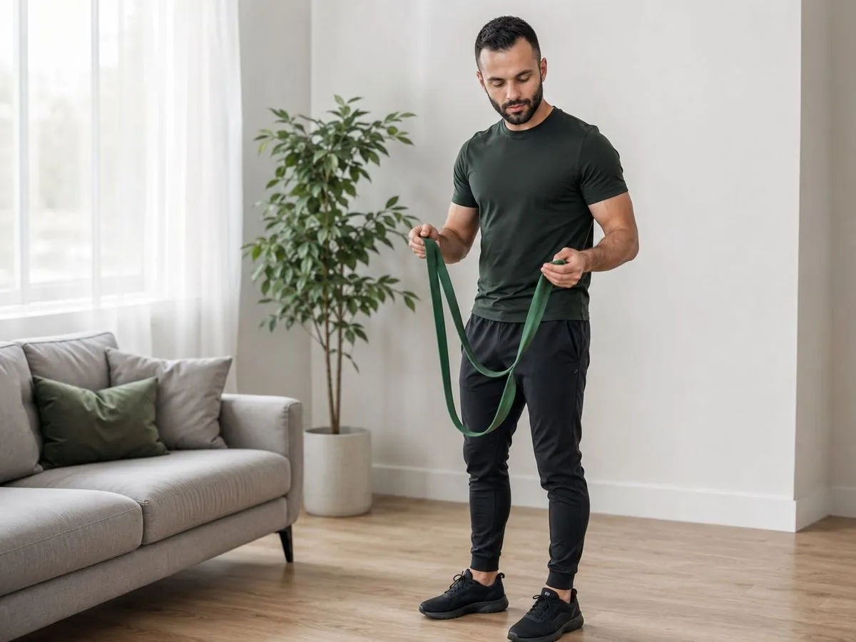 Trener przygotowuje zieloną gumę oporową do ćwiczeń w salonie
