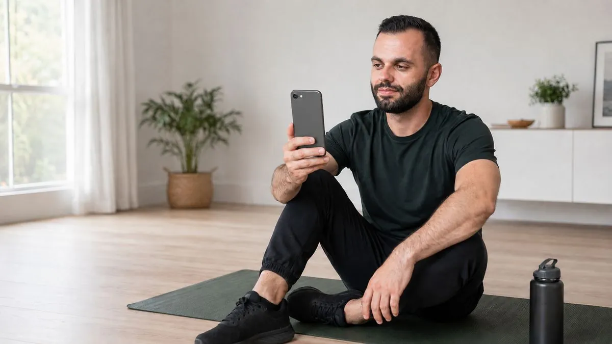 Plan treningowy PDF otwarty na telefonie podczas treningu na macie